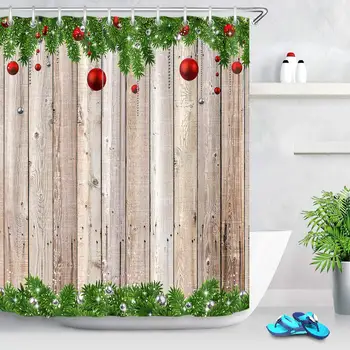 

Sliver Red Christmas Balls Shower Curtain with Green Leaves on Country Wood Backdrop Funny Holiday Theme Xmas Bathroom Curtains