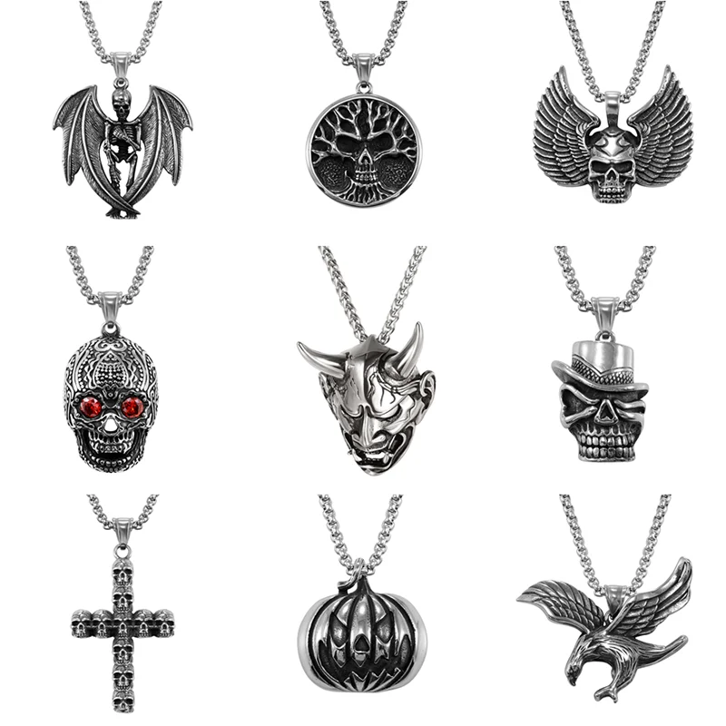 Mens Cool Charming Stainless Steel Little Gothic Demon Skulls link Necklace 