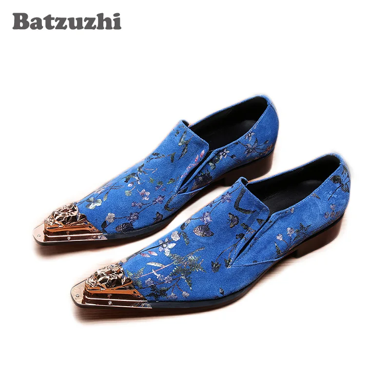 

Batzuzhi Blue Leather Business Shoes Shoes Italian Type Leather Men's Dress Shoes Pointed Metal Toe Party and Wedding Zapatos