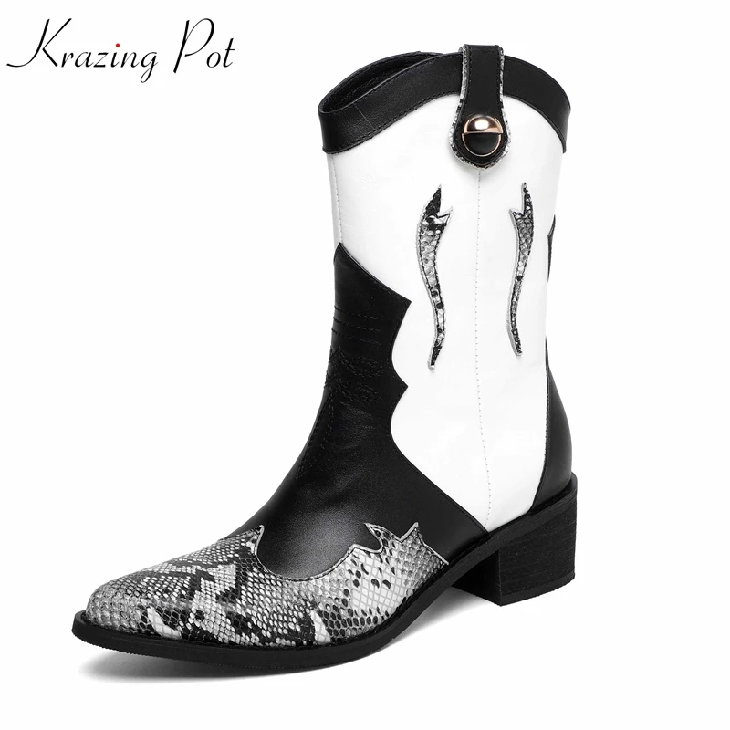 

krazing pot 2019 fashion cow leather zipper med heels prints leather French romantic design punk rock design mid-calf boots l91
