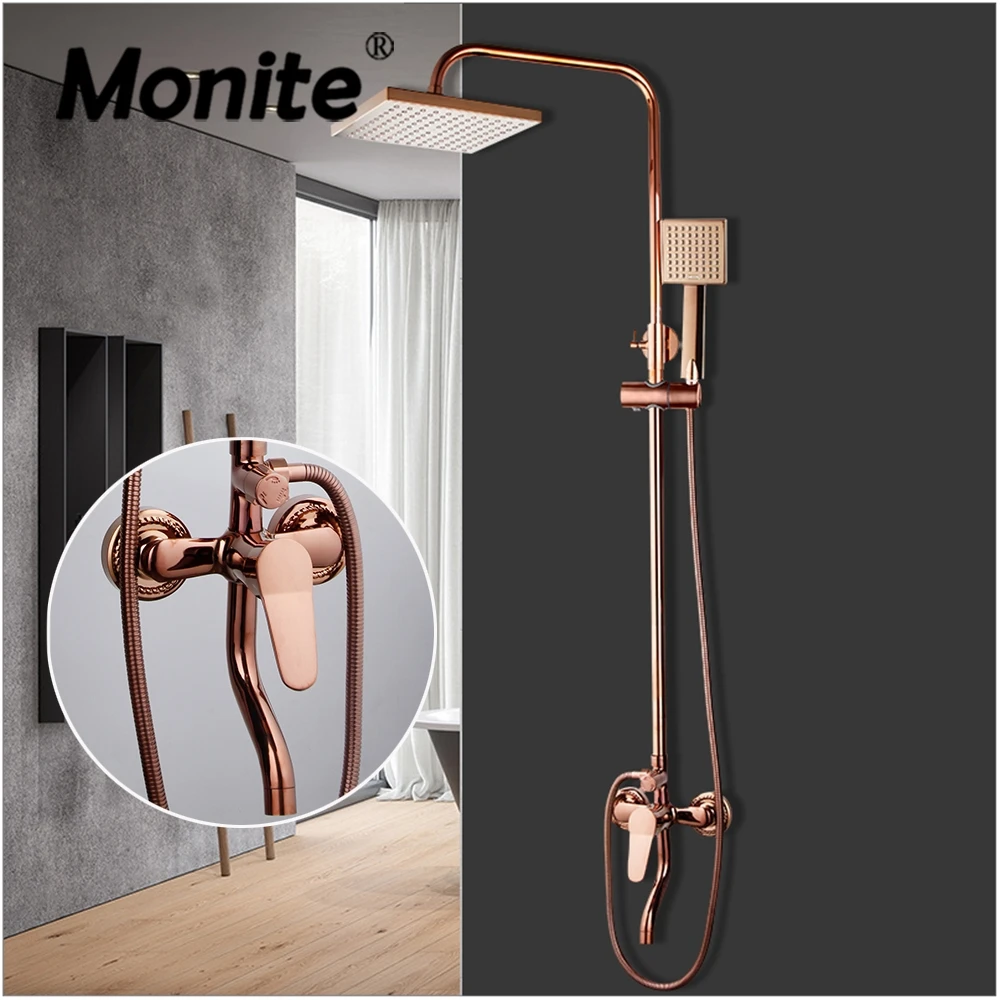 Monite Rose Golden Shower Faucet Set Solid Brass Mixer Handle Bathroom Bathtub Mixer Rainfall Hand Shower & Spray Shower Facuet