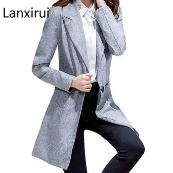 

New Autumn Long Women Blazers And Jackets Single Button Gray Blazer Women Jacket Casual Long Sleeved Blazer Feminino Longo