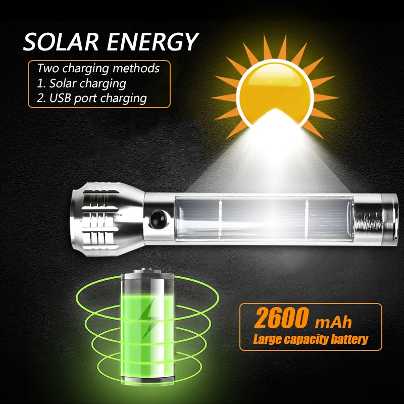 Серебряный светодиодный фонарик с солнечной батареей 3 режима T6 Ультраяркий фонарь аварийный свет USB Перезаряжаемый 2600mAh банк питания