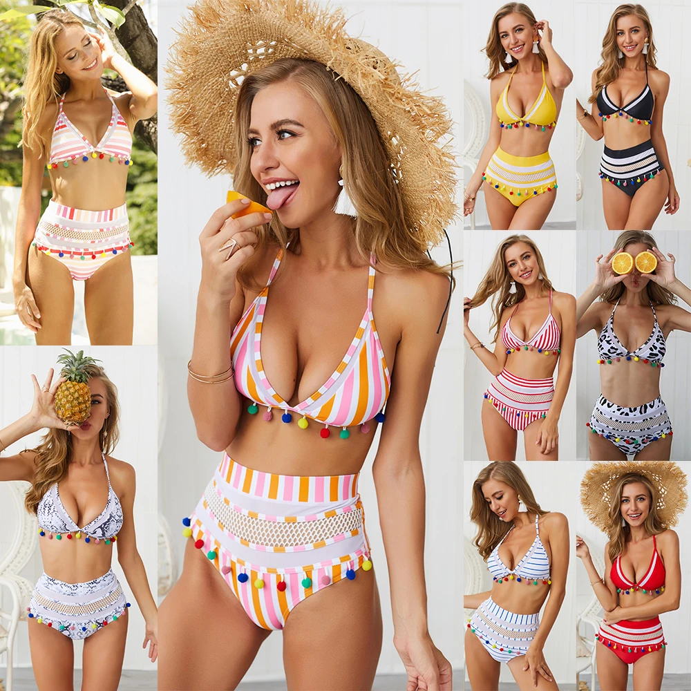 

2020 Sexy Halter Retro Mesh Hollow Out String Biquini Bathing Suit Female Swimsuit High Waist Plus Size Swimwear Women Bikini
