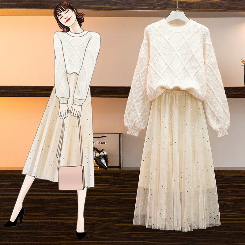 

Womens Autumn Winter Two Piece Sets Outfits Mesh Shirt and Knitted Sweater Top Sequined O-Neck Pullover Fairy Dress Clothes