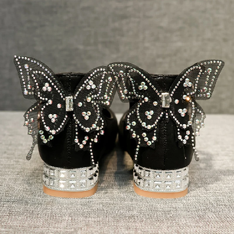 

New Arrival Girl's Adorable Sparkle Mary Jane Princess Party Dress Shoes Back Butterfly Rhinestones Leather Shoes Children Heel
