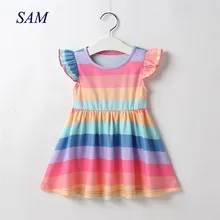 Летнее Детское платье кружевные платья с рукавами-крылышками для девочек детское платье принцессы в разноцветную радужную полоску