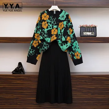 

Autumn Women Knitwear Two Piece Set Flowers Jacquard Sweater Elastic Waist Mid Calf Skirt Sets Casual Ladies Outfits Plus Size