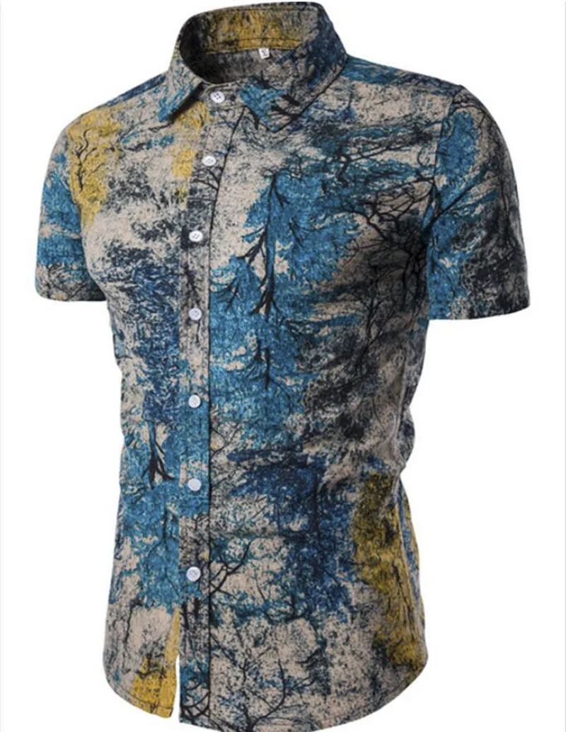 Рубашки мужские льняные рубашки летняя пляжная гавайская рубашка с цветочным принтом Мужская Повседневная рубашка с коротким рукавом