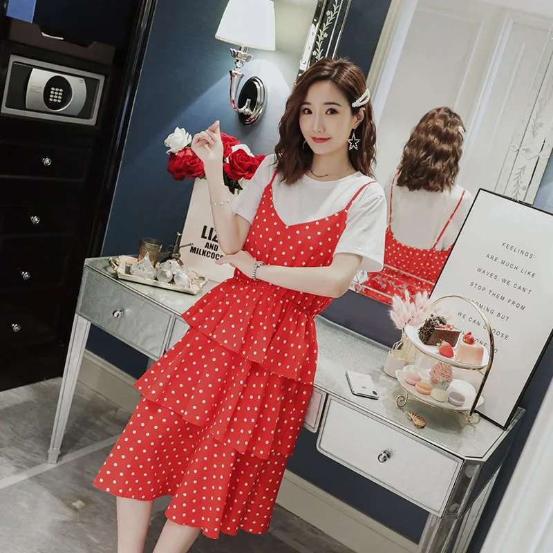 

Pregnant Mother 2019 Summer New Style Retro Polka Dot Two-Piece Set Short Sleeve Lactation Garment Nursing Strapped Dress Dress