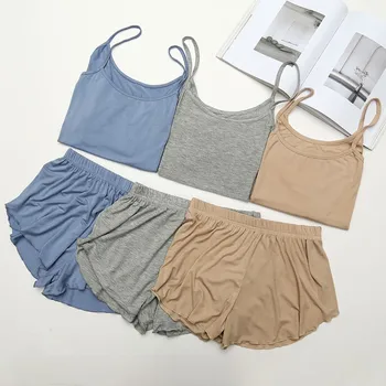 

summer cotton Pajamas for Women pyjama Camisole Solid Two Piece Sleepwear black Nightdress sexy pijama mujer verano lingerie
