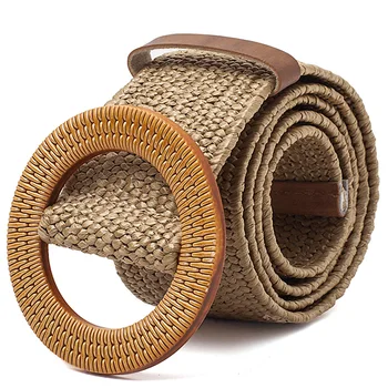 

Straw Wide Belt Female Woven Vintage Round Wooden Buckle Decorative Dress Shirt Belt