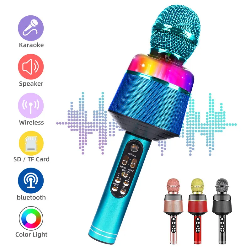 Micrófono inalámbrico de mano con Bluetooth para Karaoke, Mini dispositivo USB para música, altavoz profesional, grabador para cantar