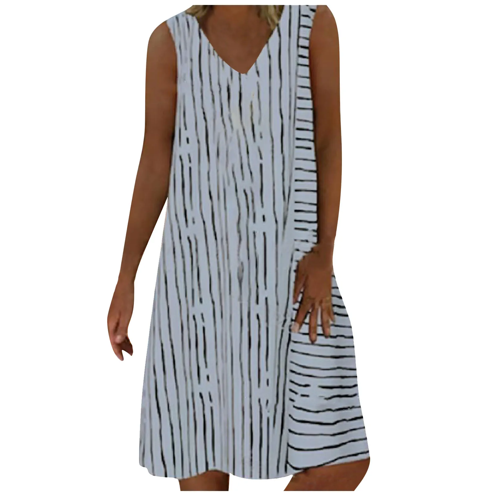 Loose Dress Women Casual Summer V-neck Stripe Print Sleeveless Female Plus Size Pullover Dresses Knee-Length Vintage Vestido 2