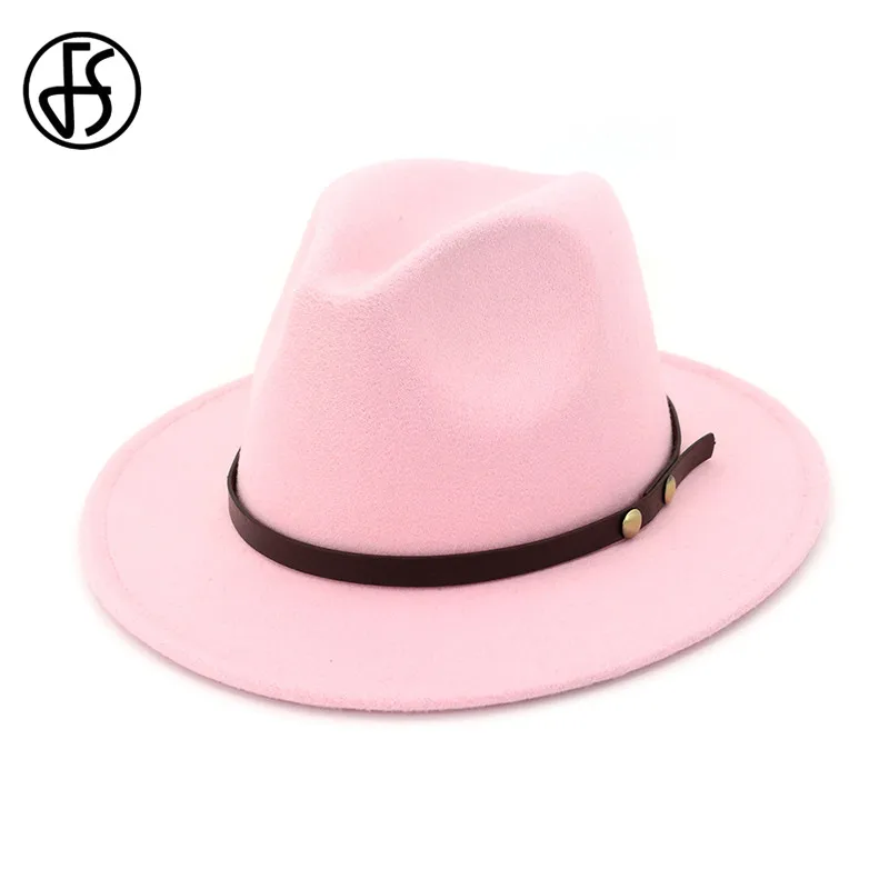 

FS Pink Fedora Hat Women Men Woolen Winter Felt Hats Fashion Black Top Jazz Hat Fedoras Chapeau Sombrero Vintage Mujer 2019