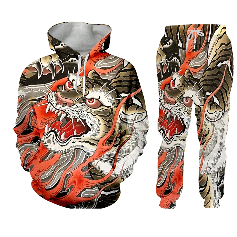 Animal Tiger Mens Fashion Print Hoodie Set 2 Piece Suits Jacket + Pants For Mens Suits Man Print Suits Set Tracksuit Sportswear