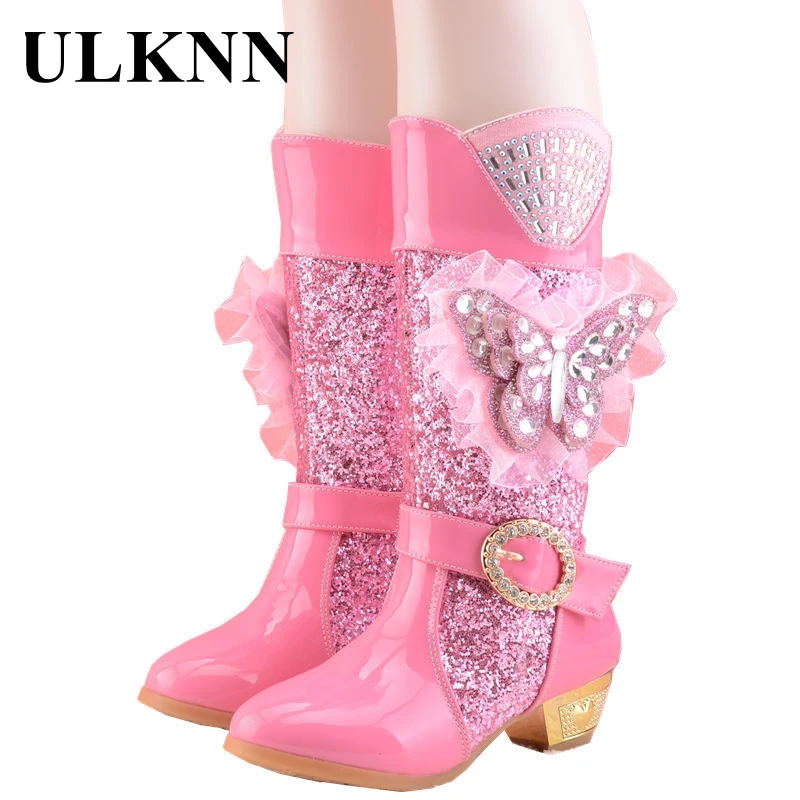 

ULKNN Winter Boots Leather Footwears Bow Princess Shoes High Heels Fashion Non-slip Solid Casual Girls Autumn For Children Pink
