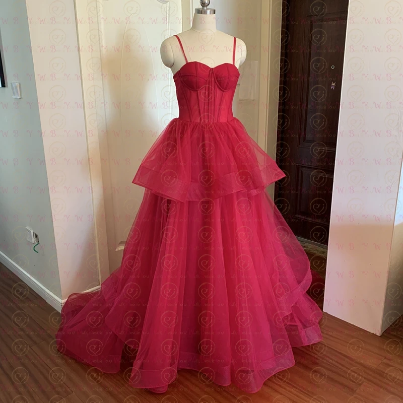 Long Woman Ceremony Dress Prom Fruit Green Ball Gown Tiered Tulle Princess Sweetheart Spaghetti Strap Chapel Train Evening Gown