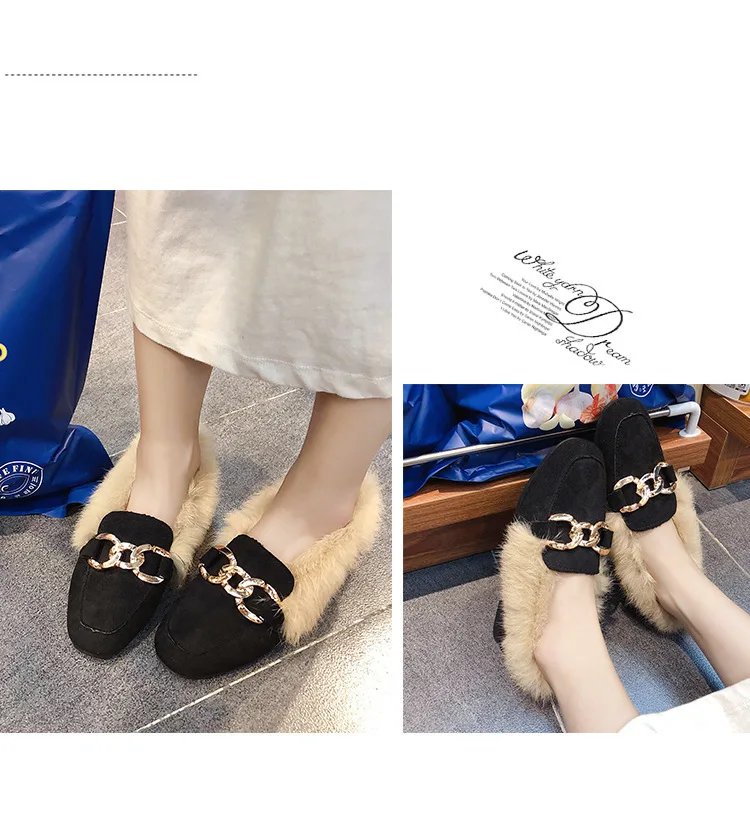 Зимние женские туфли из флока на плоской подошве с металлическими цепочками и плюшем на меху; удобные лоферы с квадратным носком; брендовые корейские меховые женские туфли; 40
