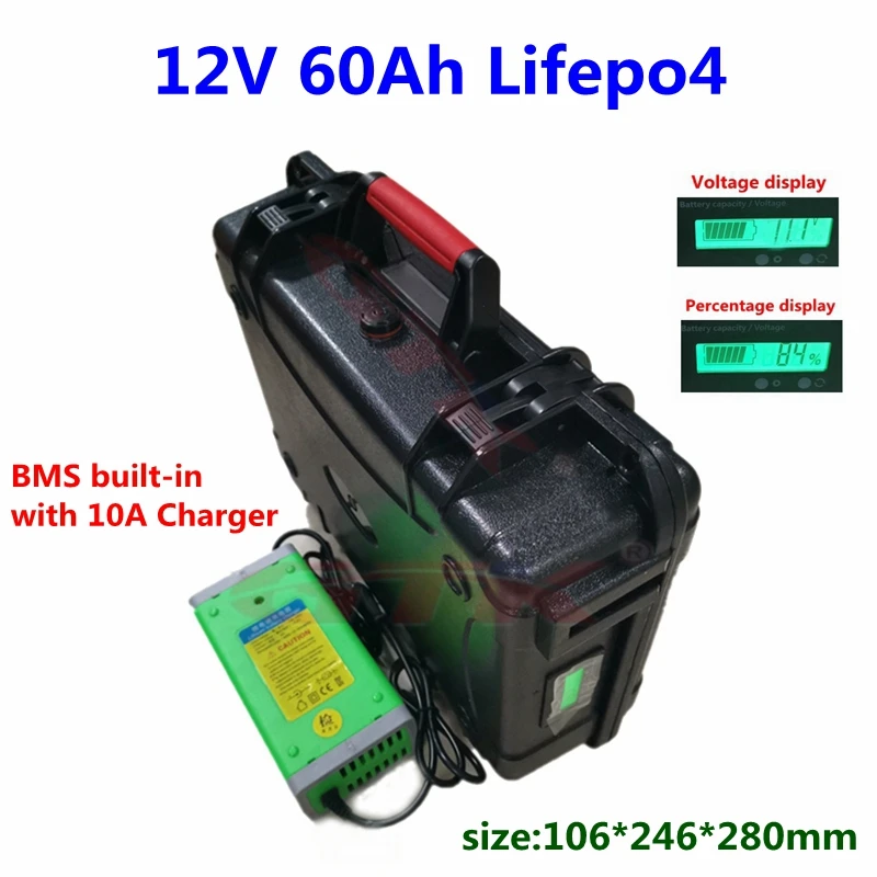 

Portable lifepo4 12V 60ah Lithium battery pack 12v BMS with bluetooth function for trolling motor scooter RV solar+10A Charger