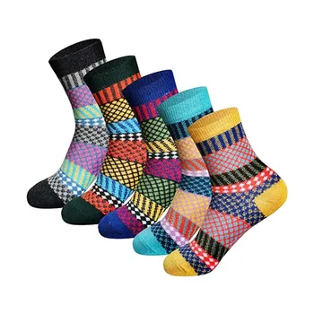 

5 Pairs Women Socks Vintage Style Geometric Print Thick Socks Winter Breathable Casual Soft Warm Thick Knit Tube Socks