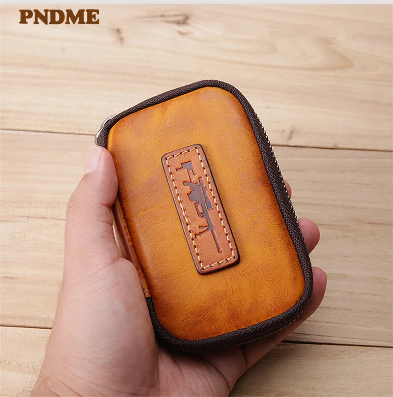 

PNDME vintage genuine leather key case fashion casual natural first layer cowhide car driver's license card holder coin purse