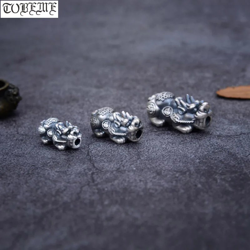 

100% 3D 999 Silver Lotus Flower Pixiu Beads Vintage Silver Fengshui Piyao Beads Good Luck Pixiu Beads DIY Bracelet