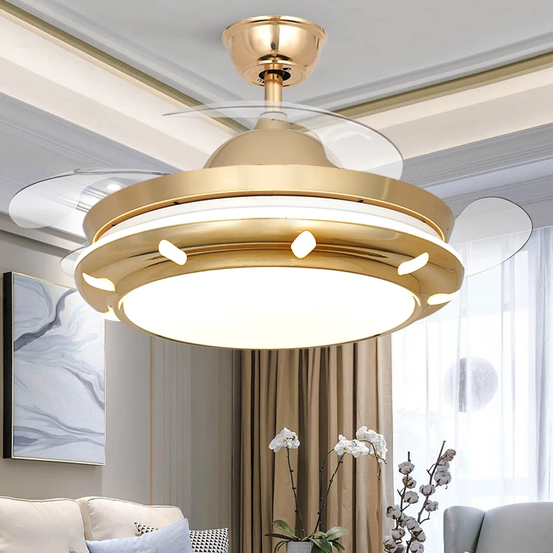 

Golden Intelligent Remote Control Ceiling Fan Lamp Bedroom LED Timing Variable Frequency Dimmer Silent Ceiling Fan Light