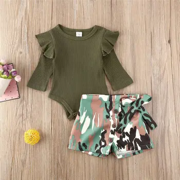 

2Pcs Newborn Kids Baby Girls Clothes Ruffle Romper Camo Shorts Cotton Outfit Baby Sets
