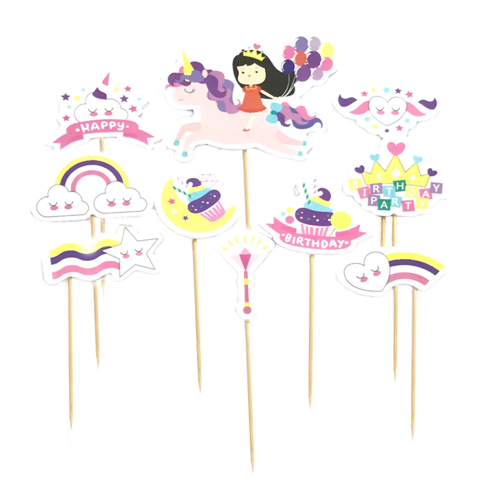 

10PCS Unicorn Cake Toppers Small Girl Birthday Dessert Cake Decor Insert Cards Edge Strip Set A20