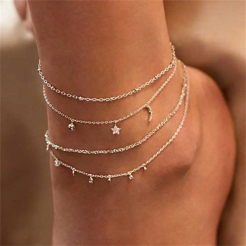 Vienkim Bohemian Crystal Anklets for Women Boho Gold Bead Moon Star Anklet Multilayer Foot Bracelet on Leg Beach Anklet Jewelry