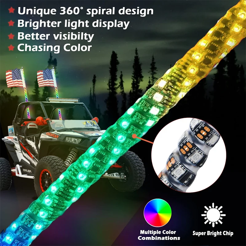 Pair 2FT Spiral LED Fat Whip Light Antenna RGB Chasing For Can-am - Foto 5
