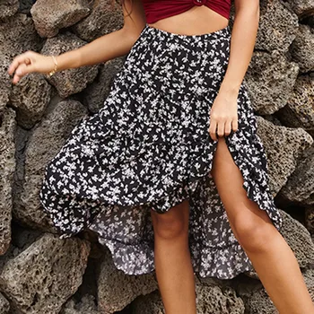 

Womail 2020 New Fashion Women Casual Print Ruffles Pleated Lrregular Short SKirt Bohemian Printed Beach Split Skirt