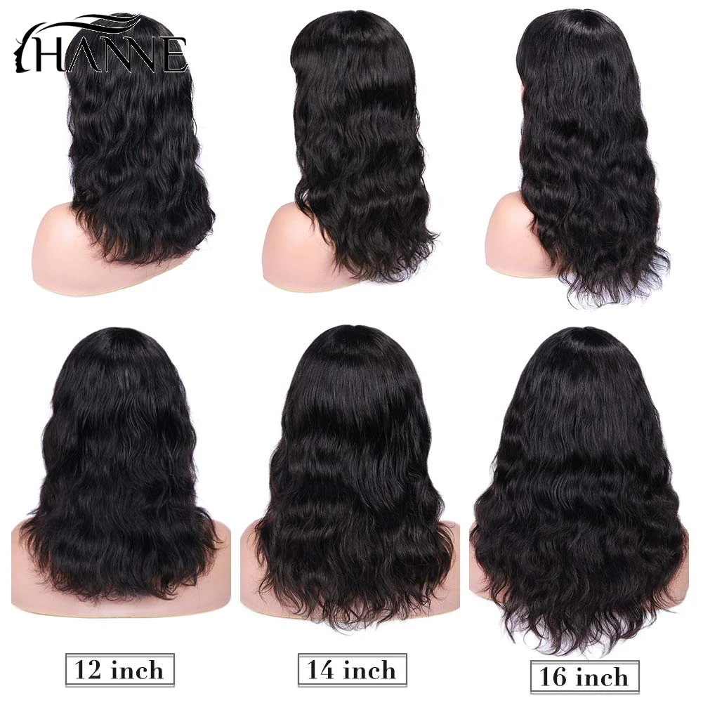 HANNE 100% Remy Human Hair Natural Wave Wigs with Free Bangs Brazilian Human Hair Wave Wigs Natural Black Color Free Shipping