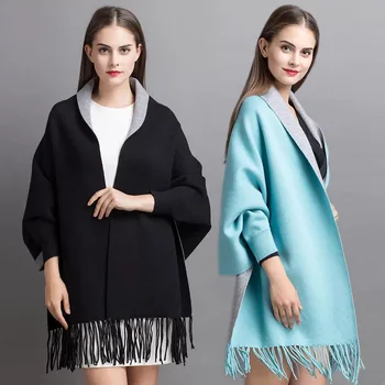 

Autumn Women Long Thick Poncho Capes Sleeve Duplex Shawl Cardigan Winter Causal Fashion Loose Tassel Knitted Cashmere Batwing