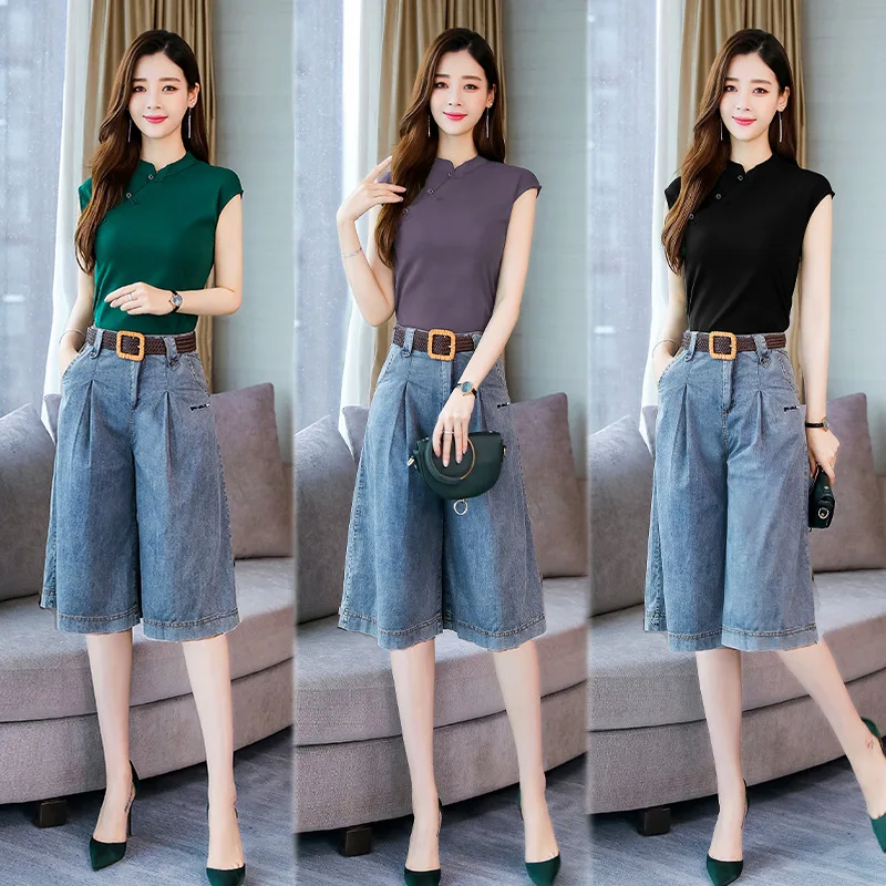 

Set/Suit Skirt 2019 Summer Crew Neck Short Sleeve Solid Color Korean-style Elegant Fashion