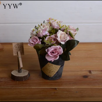 

Rose Artificial Silk Flowers High Quality Bouquet Potted Pot Fake Flowers Roses Bud Decoration For Wedding Home Accessories