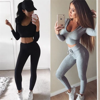 

Solid O Neck Hoodies Two Piece Set Drawstring Women Tracksuit Spring Crop Tops and Long Tight Pants Two Piece Outfits for Women