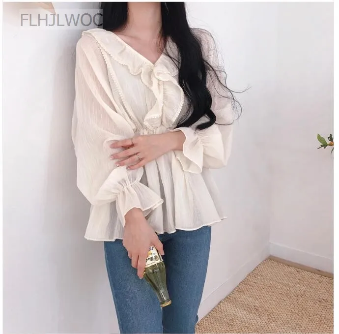 Cute Chic Tops Women Preppy Style Girls Korea Japanese Design Slim Waist Belly Peplum Tunic Ruffled Top Blouse Flhjlwoc Vestido