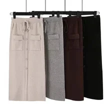 Женские прямые вязаные юбки, Осень-зима, юбки с высокой талией для девочек, шикарная Однотонная юбка, Falda Mujer, один размер, эластичная резинка на талии, Jupe Femme