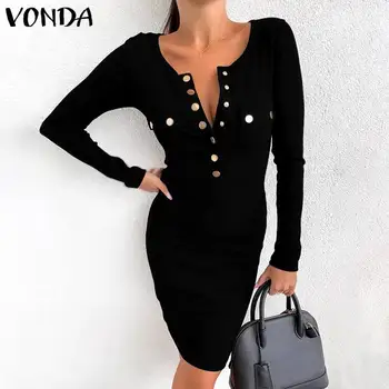 

VONDA Party Sundress 2020 Spring Summer Fit Slim Bodycon Dress Ladies Ladies Work Buttons Midi Dress Casual Vestidos Plus Size
