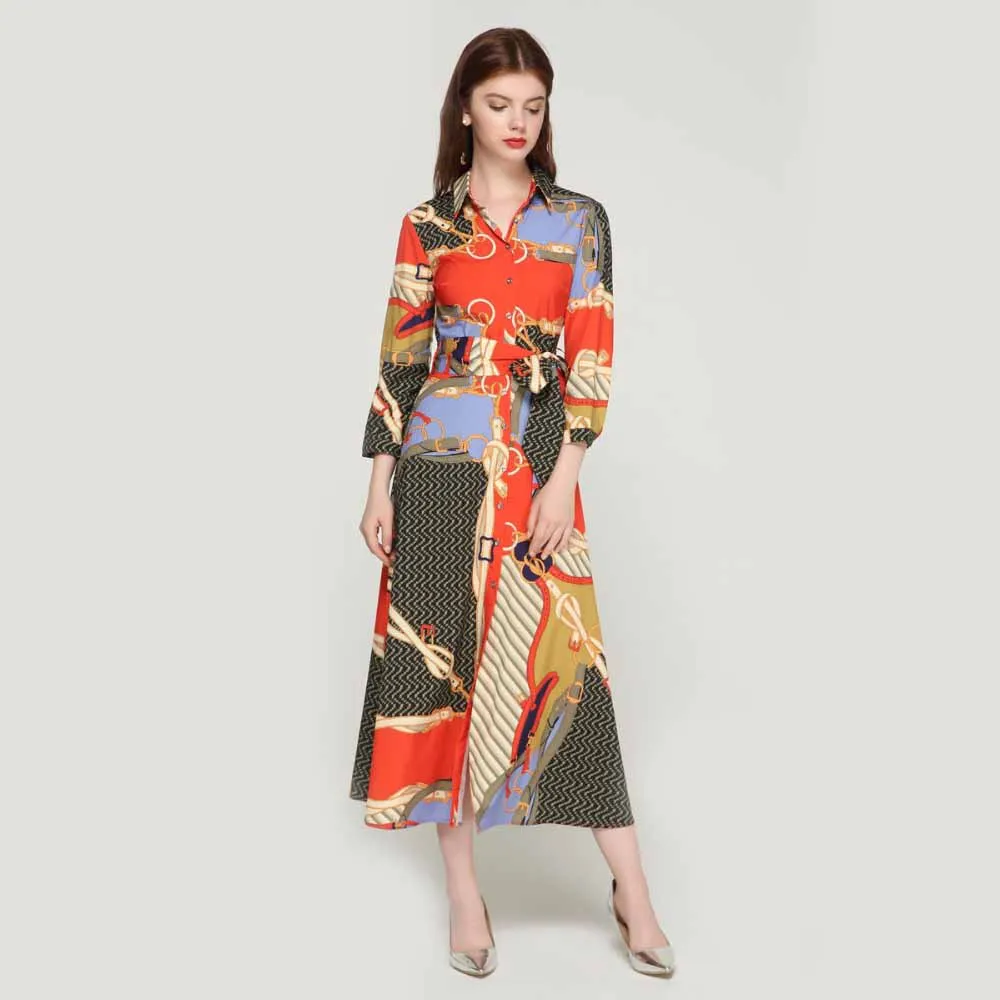 

Women elegant patchwork print maxi dress bow tie sashes long sleeve pleated female office wear long dresses vestidos