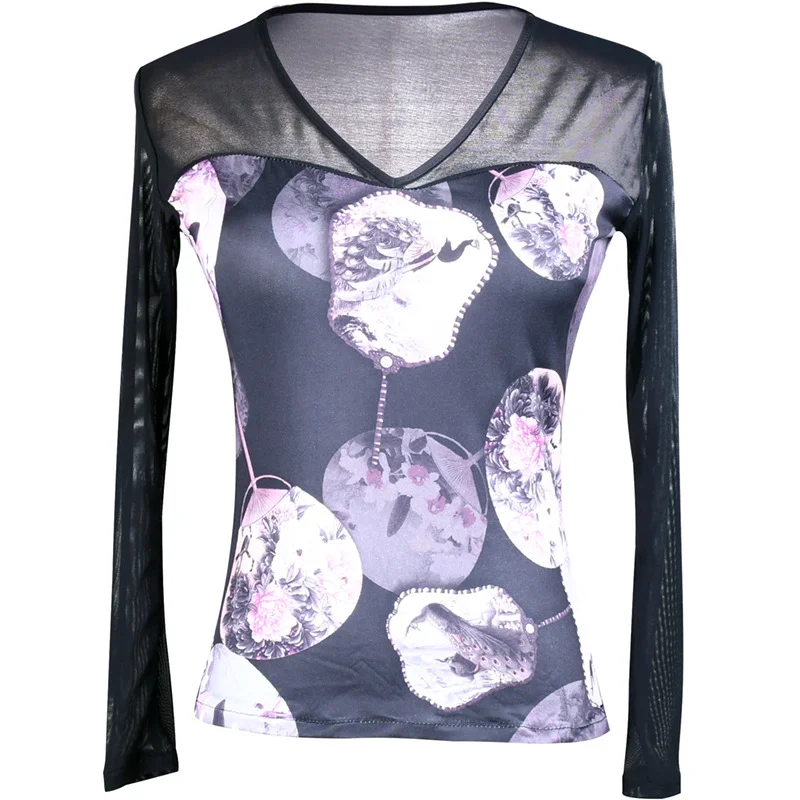 

Женские топы с сетчатым рукавом для латиноамериканских танцев, футболка, танцевальная одежда для сценических соревнований, женский сексуальный костюм для бальных танцев и тренировок