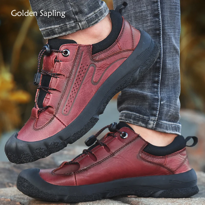 

Golden Sapling Retro Style Outdoor Shoes Men Red Genuine Leather Soft Trekking Men's Sneakers New Tactical Mountain Hiking Shoes
