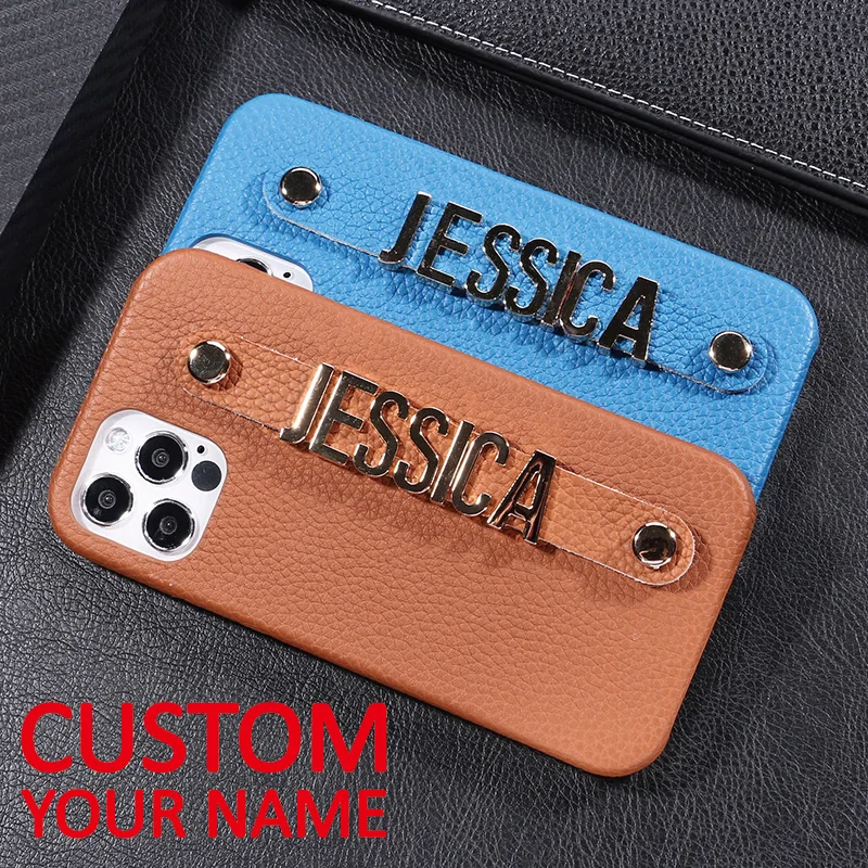 Custom Case Real Leather Cover Coque cowhide Metal Letters Name For iPhone 11 Pro X XR XS Max 7 8 6 6s Plus SE 2 2020 12 Mini