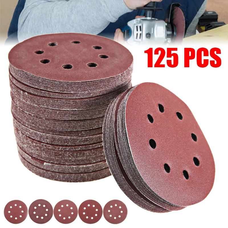 125Pcs125mm шлифовальные диски бумаги 60 80 100 120 240 зернистости подушечки крюк и петля