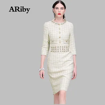 

ARiby Gold Line Tweed Dress Fashion O-neck Autumn Winter Women's Seven-quarter Sleeve Beading Vintage Elegant Slim Dress Vestido