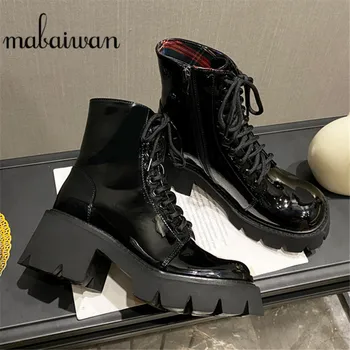 

2020 Fashion Chunky Motorcycle Boots Women Round Toe Platform Casual Women's Shoes Combat Patent Leather Bota Female Short Boots