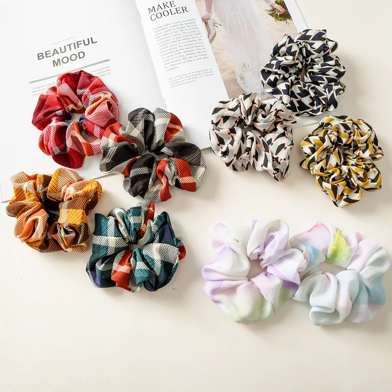 

New Striped Hair Rope Floral Ponytail Holder Hair Ring Rainbow Plaid Elastic Scrunchies Hair Bands For Women Hair Accessories