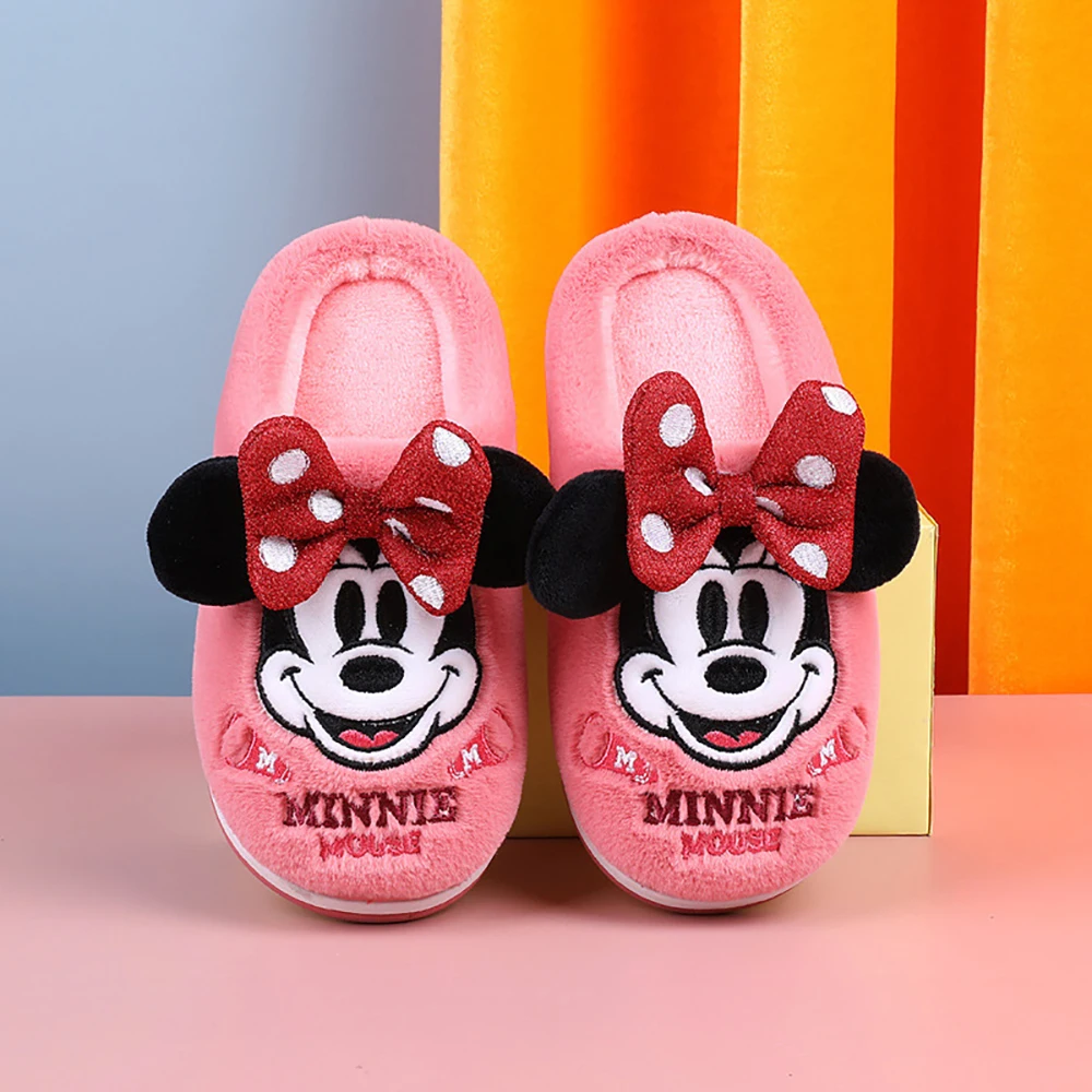 Disney Children House Cotton Slippers For Girls Cartoon Minnie Mouse Prints Indoor Shoes Students Winter Soft Warm Fiats Slipper